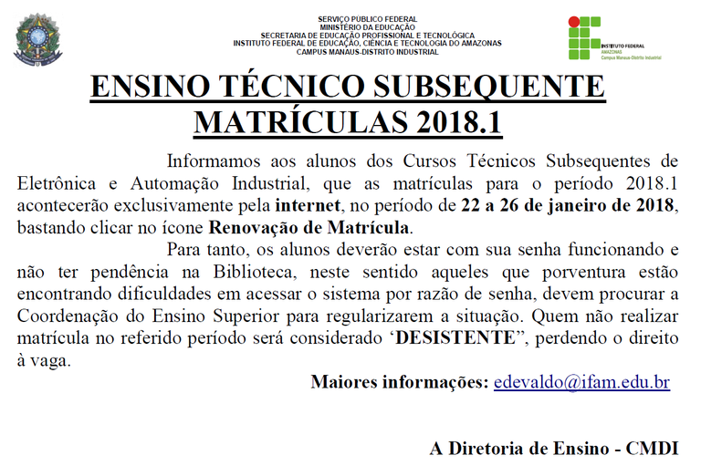 Renovação de Matrícula - Ensino Técnico Subsequente