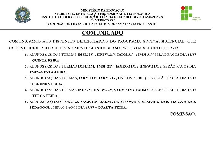 COMUNICADO PAES pagamento JUN 2019