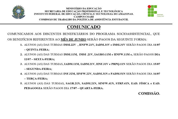 COMUNICADO PAES pagamento JUN 2019