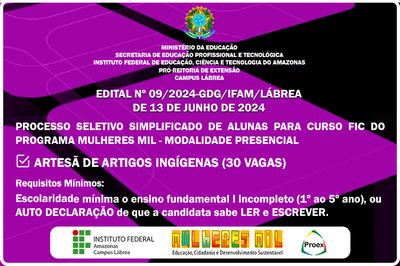 O curso ofertado será do Programa Mulheres Mil na modalidade presencial - Artesã de Artigos Indígenas. 