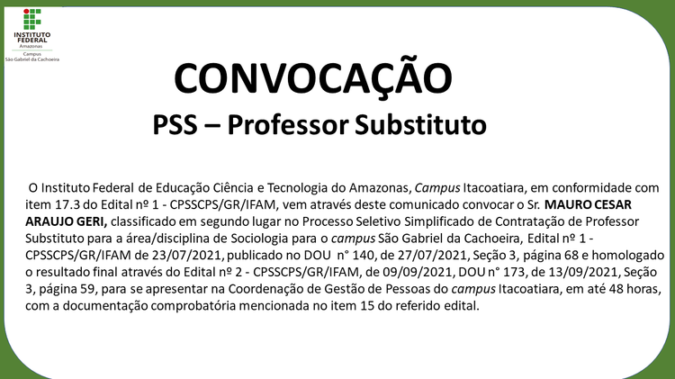 CONVOCAÇÃO PSS – Professor Substituto
