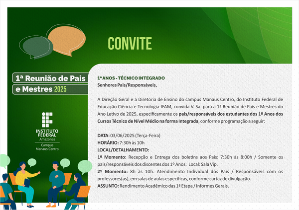 CONVITE  1ª Reunião Pais e Mestres 2025  1º ANOS - TÉC. INTEGRADO