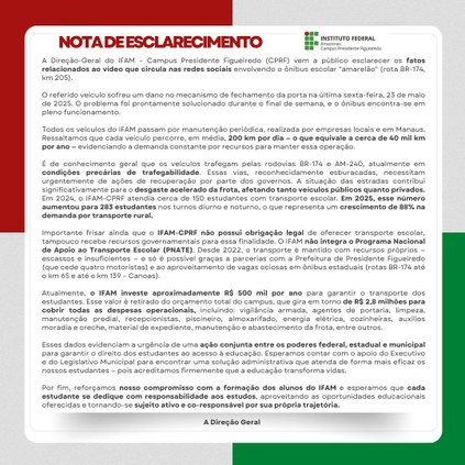NOTA DE ESCLARECIMENTO - fatos relacionados ao vídeo que circula nas redes sociais envolvendo o ônibus escolar "amarelão" (rota BR-174, km 205)
