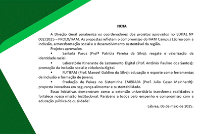 Aprovados no EDITAL Nº 002/2025 – PROEX/IFAM