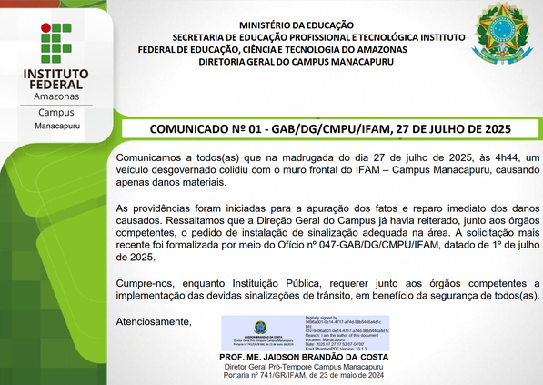 COMUNICADO Nº 01 DE 27 DE JULHO DE 2025